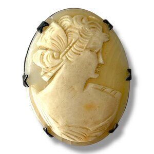 Very Old Antique Victorian Hand Carved Shell Cameo Silver Brooch 1.5"